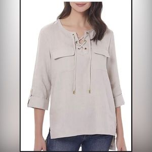 Ellen Tracy company linen tan long tab sleeve top size medium
